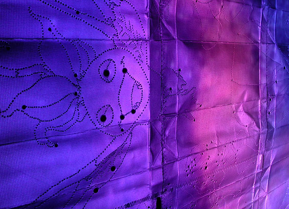 The First Occupation, 2005, detail (projected image on perforated screen)