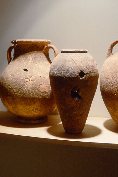 Like Ancient Pots spilled from a drowning ship, tube sponges bulge eerily …, 1993, detail (fabricated plaster pots on wooden shelf)