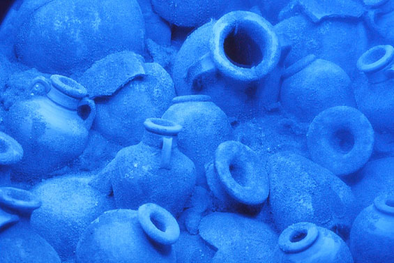 Like Ancient Pots spilled from a drowning ship, tube sponges bulge eerily …, 1993, detail (spilled pots, mixed media)