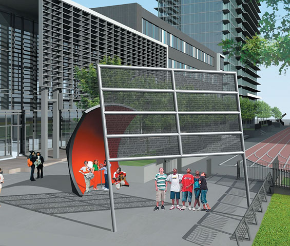 SWEETSPOT is comprised of two ground-level cast concrete parabolic forms and two elevated glass reflecting panels, one of each at either end of the pedestrian walkway.