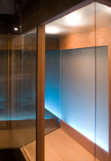 Vagabond Vitrine, 2010, intersection of storefront window and vitrine at night